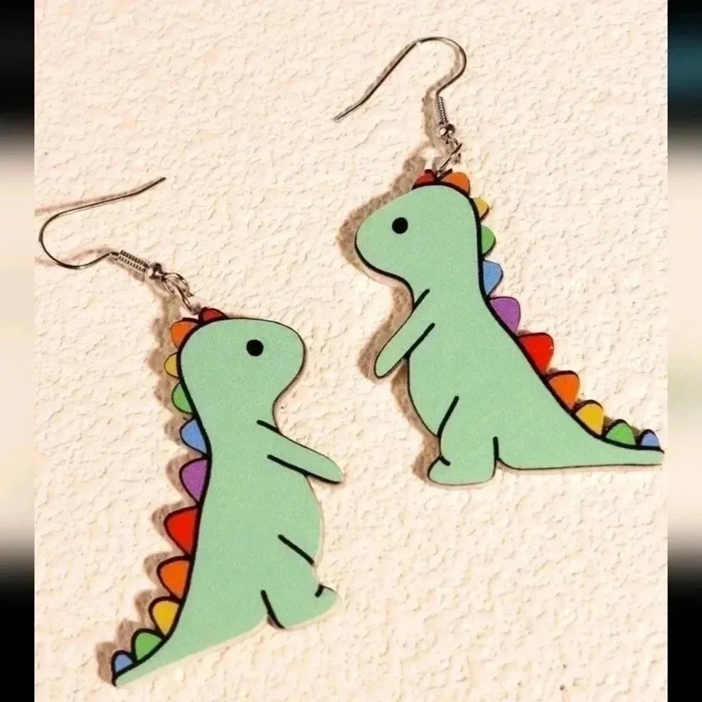 Large green multi-colored dinosaur earrings dangle jewelry women's cute rainbow
